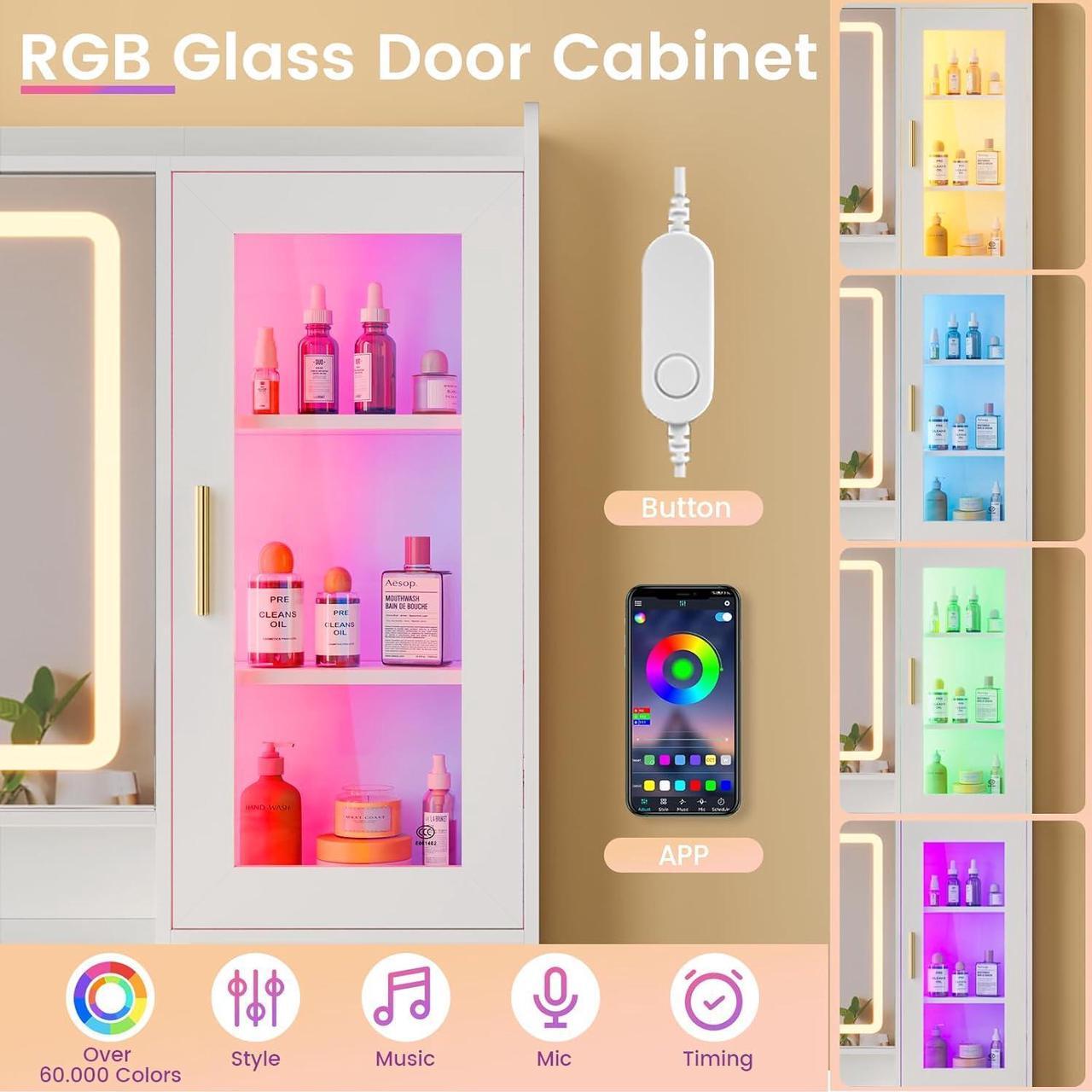 Alt view image 3 of 7 - Makeup Vanity Desk with Sliding LED Lighted Mirror, 47.2"W Large Vanity Desk with Drawers, Shelves and Side Storage, RGB Glass Cabinet, White Vanity Table Set with Charging Station for Bedroom