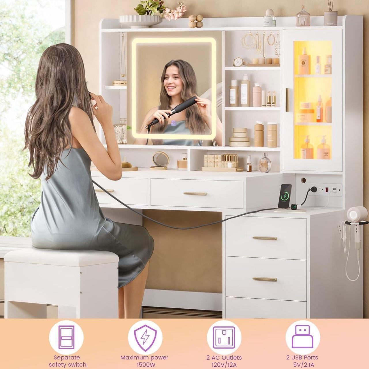 Alt view image 5 of 7 - Makeup Vanity Desk with Sliding LED Lighted Mirror, 47.2"W Large Vanity Desk with Drawers, Shelves and Side Storage, RGB Glass Cabinet, White Vanity Table Set with Charging Station for Bedroom