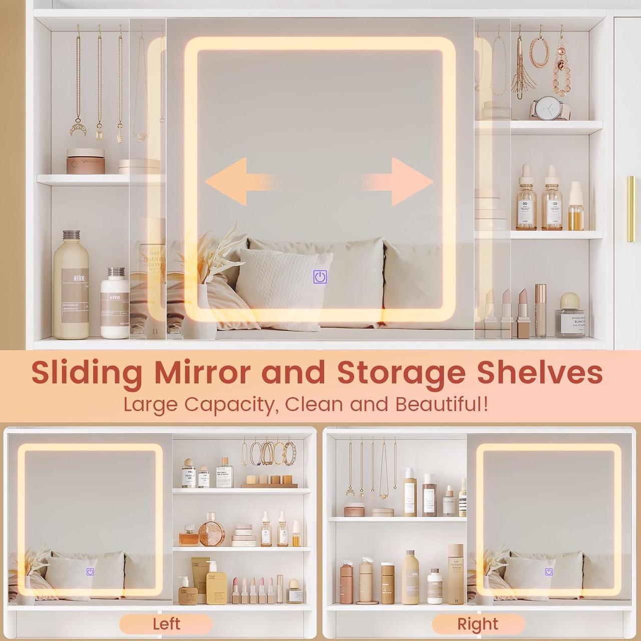 Alt view image 6 of 7 - Makeup Vanity Desk with Sliding LED Lighted Mirror, 47.2"W Large Vanity Desk with Drawers, Shelves and Side Storage, RGB Glass Cabinet, White Vanity Table Set with Charging Station for Bedroom