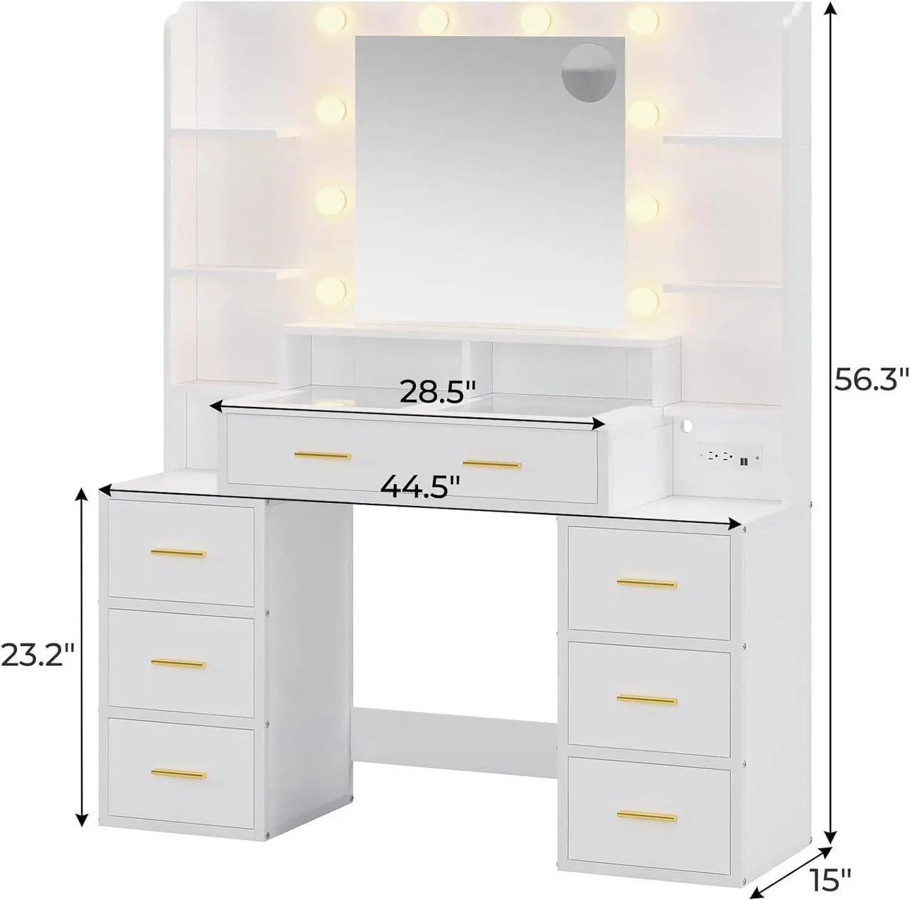 Alt view image 5 of 7 - Glass Top Vanity Desk with Mirror and Lights, Makeup Vanity with Lights, Charging Station and 10x Magnifying Mirror, Large Vanity Table with 8 Drawers, Acrylic Dividers and Shelves, White