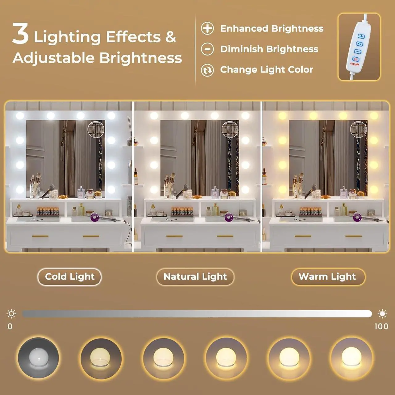 Alt view image 3 of 7 - Glass Top Vanity Desk with Mirror and Lights, Makeup Vanity with Lights, Charging Station and 10x Magnifying Mirror, Large Vanity Table with 8 Drawers, Acrylic Dividers and Shelves, White