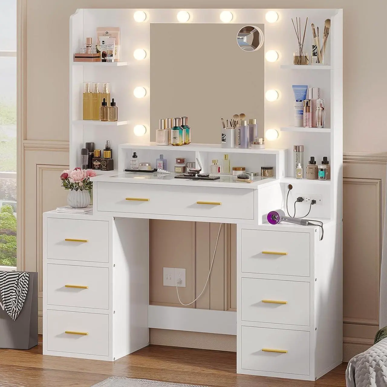 Alt view image 6 of 7 - Glass Top Vanity Desk with Mirror and Lights, Makeup Vanity with Lights, Charging Station and 10x Magnifying Mirror, Large Vanity Table with 8 Drawers, Acrylic Dividers and Shelves, White