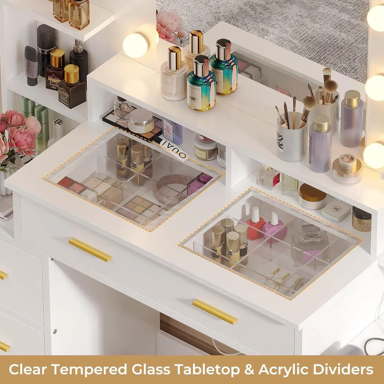 Alt view image 4 of 7 - Glass Top Vanity Desk with Mirror and Lights, Makeup Vanity with Lights, Charging Station and 10x Magnifying Mirror, Large Vanity Table with 8 Drawers, Acrylic Dividers and Shelves, White
