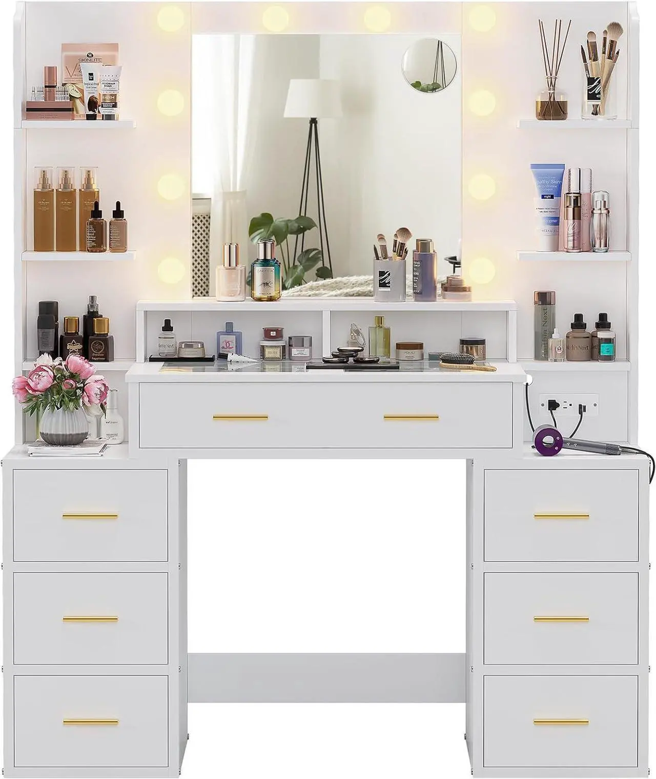 Alt view image 7 of 7 - Glass Top Vanity Desk with Mirror and Lights, Makeup Vanity with Lights, Charging Station and 10x Magnifying Mirror, Large Vanity Table with 8 Drawers, Acrylic Dividers and Shelves, White