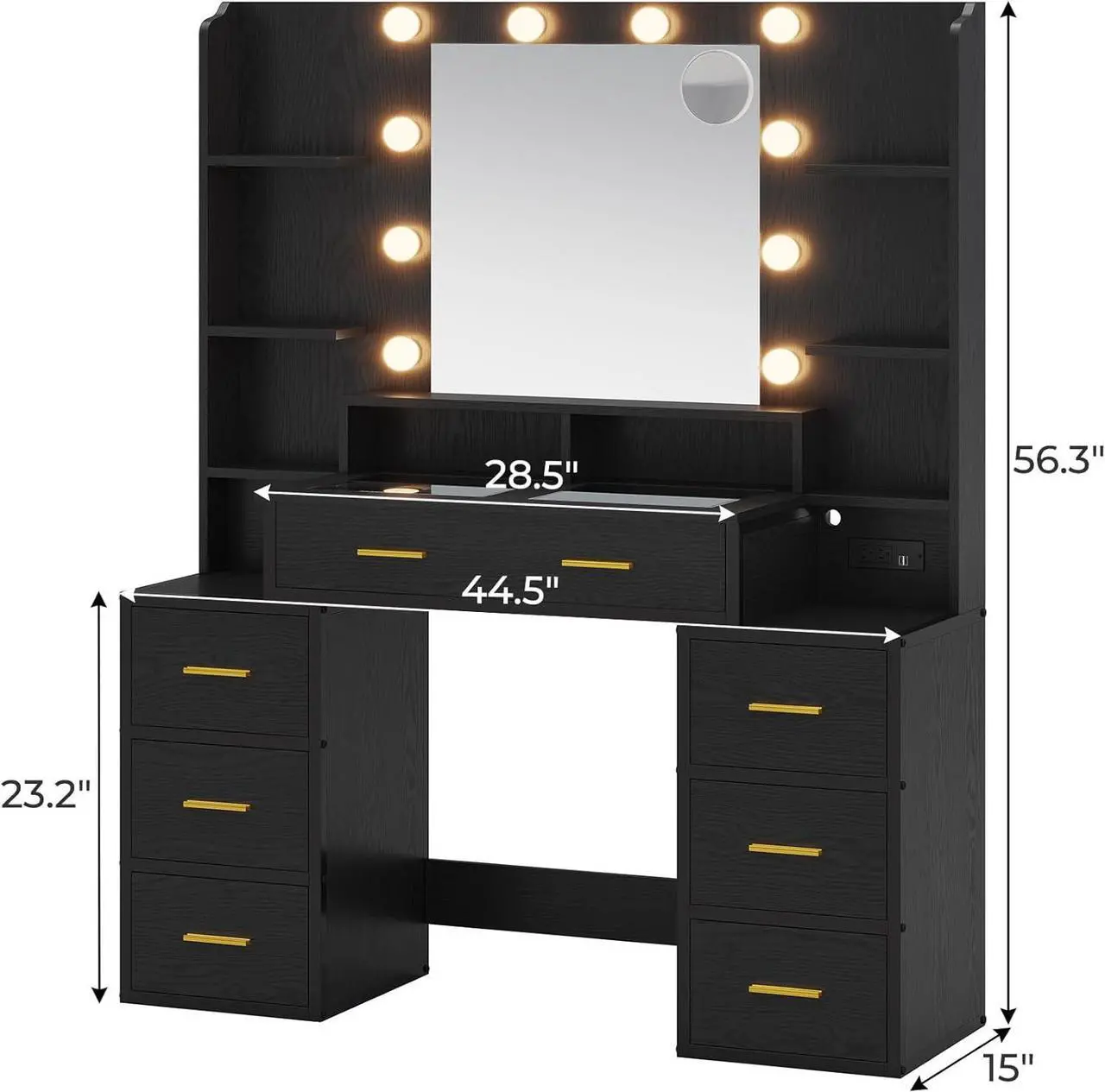 Alt view image 6 of 7 - Vanity Desk with Mirror and Lights & Glass Top,Makeup Vanity with Lights,10x Magnifying Mirror & Charging Station,Large Vanity Table with 8 Drawers,Acrylic Dividers & Shelves,Black Wood Grain