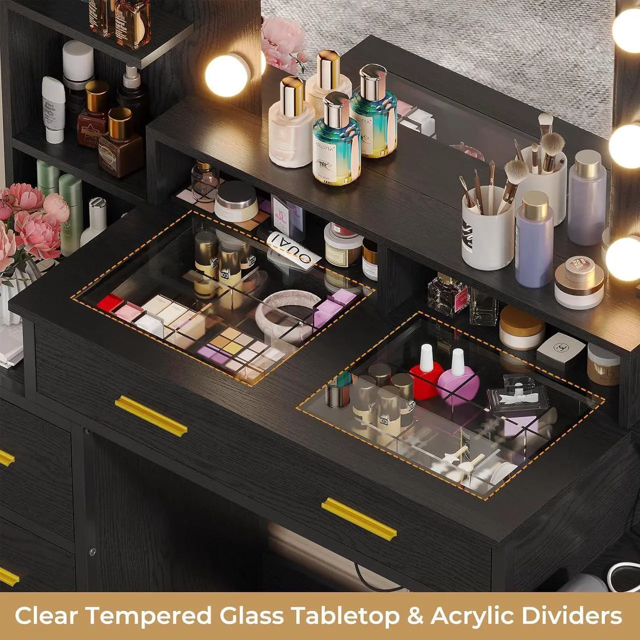 Alt view image 2 of 7 - Vanity Desk with Mirror and Lights & Glass Top,Makeup Vanity with Lights,10x Magnifying Mirror & Charging Station,Large Vanity Table with 8 Drawers,Acrylic Dividers & Shelves,Black Wood Grain