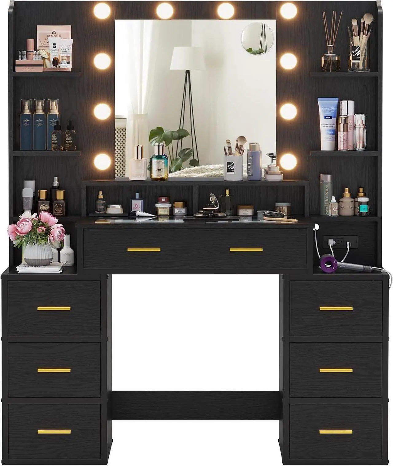 Alt view image 7 of 7 - Vanity Desk with Mirror and Lights & Glass Top,Makeup Vanity with Lights,10x Magnifying Mirror & Charging Station,Large Vanity Table with 8 Drawers,Acrylic Dividers & Shelves,Black Wood Grain