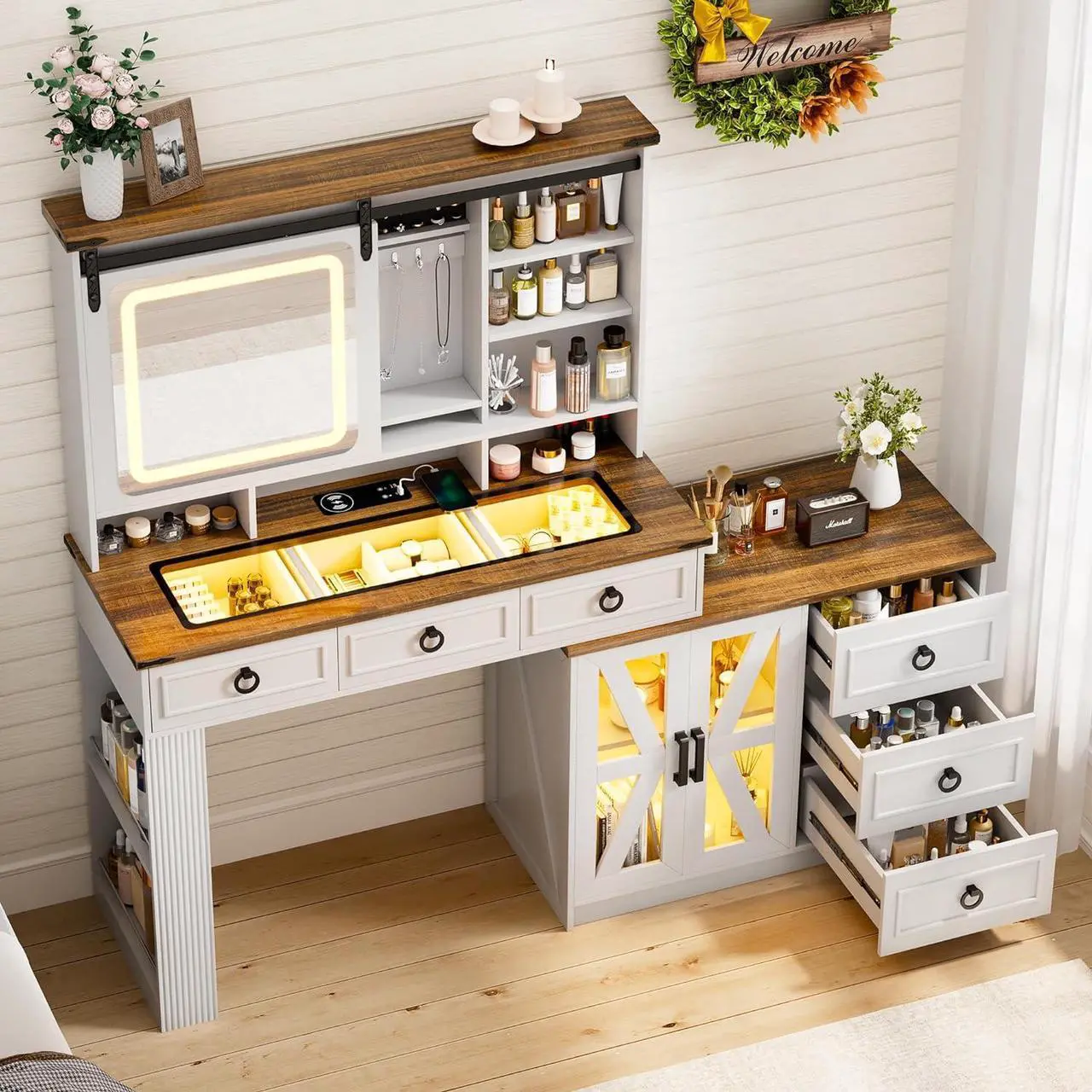 Main image of Farmhouse Vanity Desk with Sliding Mirror and Lights, Glass Top Dressing Table with Jewelry Storage, 60" W Large Makeup Vanity Set with 6 Drawers, 10 Shelves & Adjustable Cabinet (White)