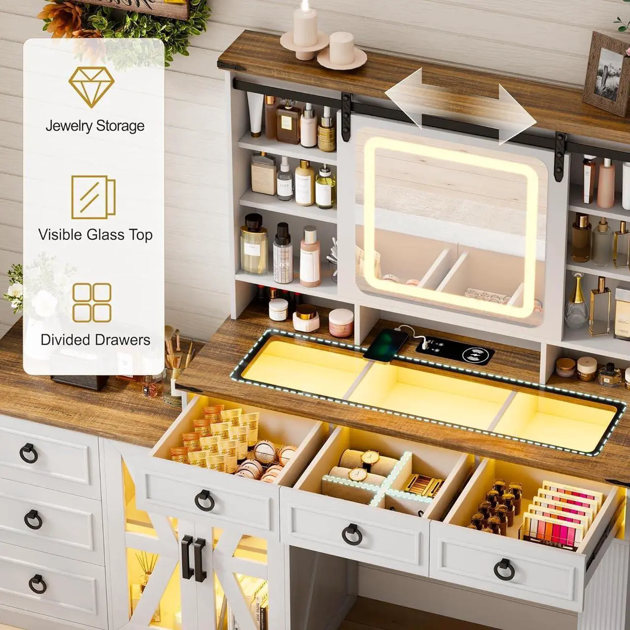 Alt view image 4 of 7 - Farmhouse Vanity Desk with Sliding Mirror and Lights, Glass Top Dressing Table with Jewelry Storage, 60" W Large Makeup Vanity Set with 6 Drawers, 10 Shelves & Adjustable Cabinet (White)