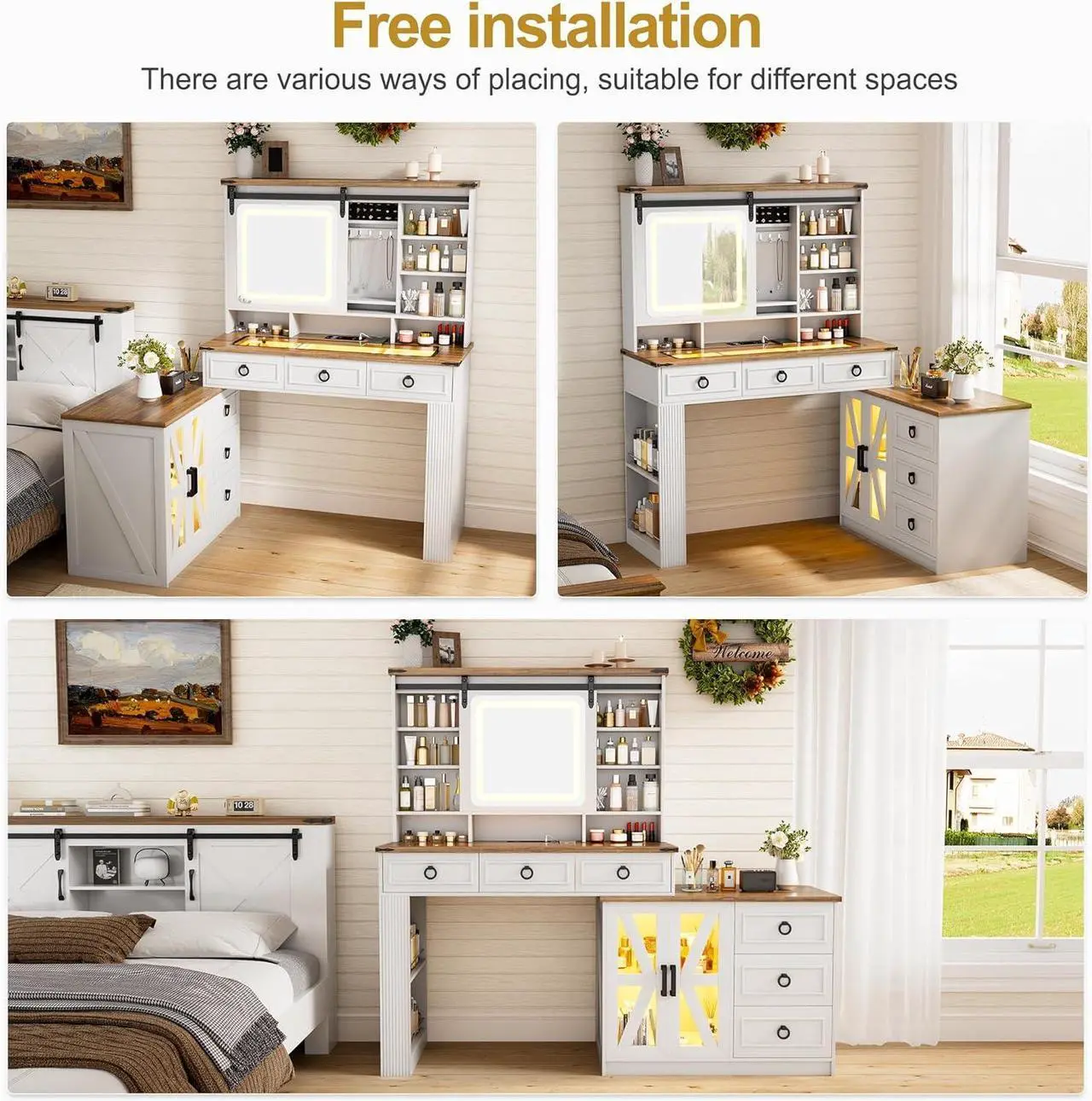 Alt view image 3 of 7 - Farmhouse Vanity Desk with Sliding Mirror and Lights, Glass Top Dressing Table with Jewelry Storage, 60" W Large Makeup Vanity Set with 6 Drawers, 10 Shelves & Adjustable Cabinet (White)