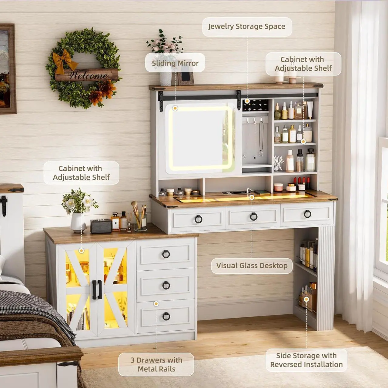 Alt view image 2 of 7 - Farmhouse Vanity Desk with Sliding Mirror and Lights, Glass Top Dressing Table with Jewelry Storage, 60" W Large Makeup Vanity Set with 6 Drawers, 10 Shelves & Adjustable Cabinet (White)