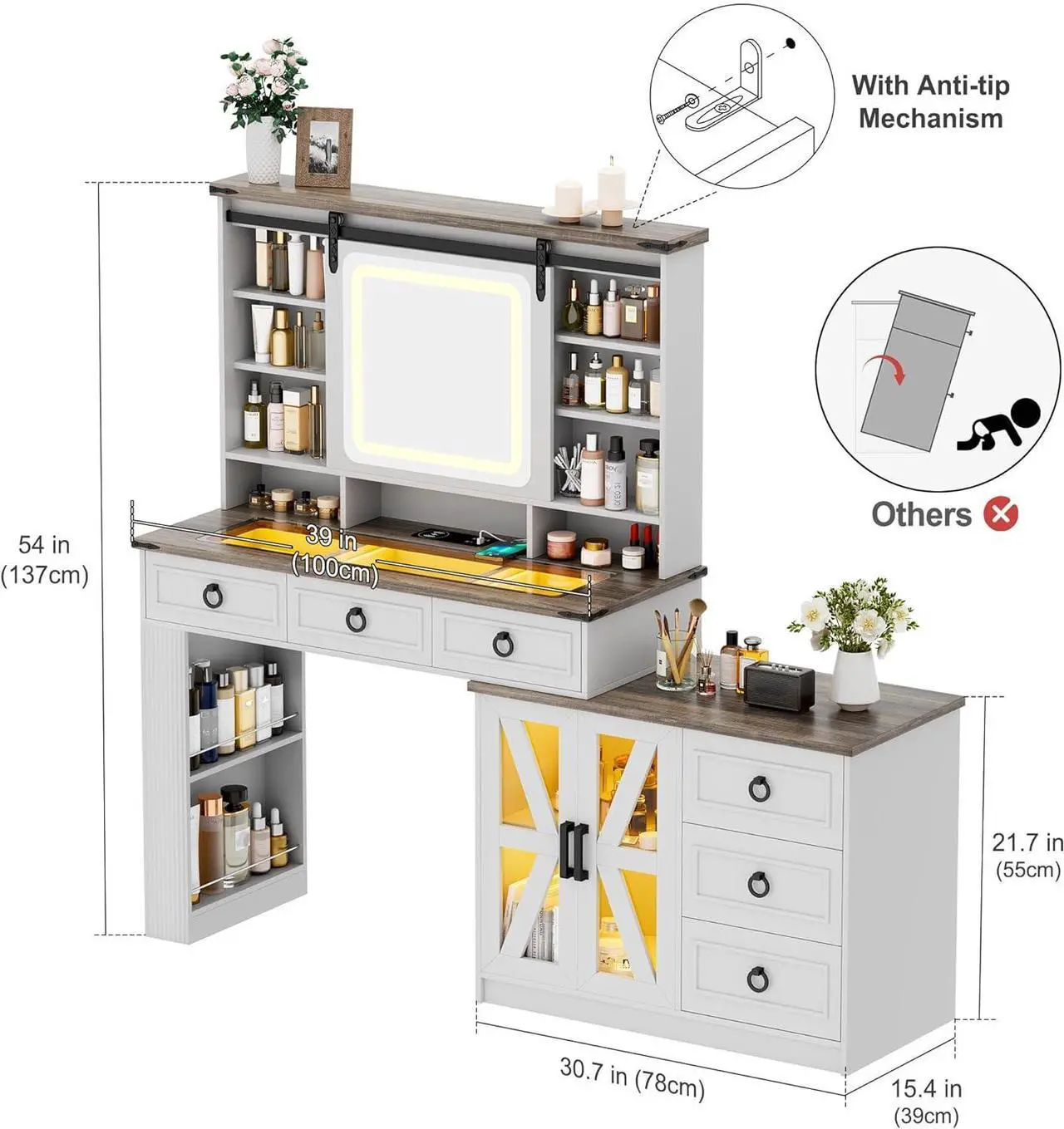 Alt view image 7 of 7 - Farmhouse Vanity Desk with Sliding Mirror and Lights, Glass Top Dressing Table with Jewelry Storage, 60" W Large Makeup Vanity Set with 6 Drawers, 10 Shelves & Adjustable Cabinet (White)