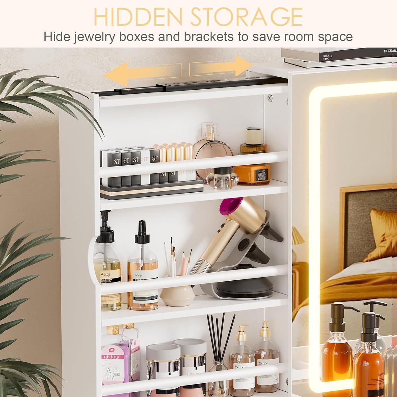 Alt view image 6 of 7 - Vanity Set with Lighted Mirror, Large Vanity Desk with Charging Station, Makeup Vanity Table with 11 Drawers & Hidden Sliding Storage Cabinet & Visible Glass Tabletop for Bedroom (White)