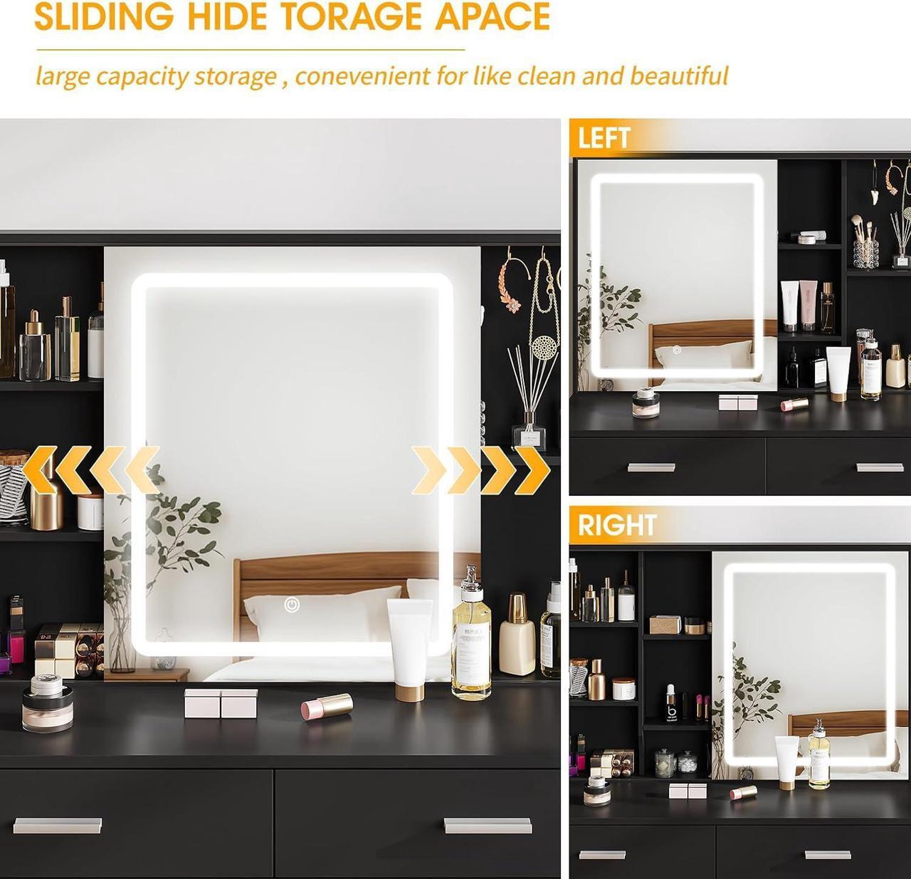 Alt view image 4 of 7 - Makeup Vanity with LED Lighted Sliding Mirror, Black Vanity Desk with 5 Drawers, Charging Station & Hidden Storage Shelves, Adjustable Brightness, Dressing Table Stool Set for Bedroom