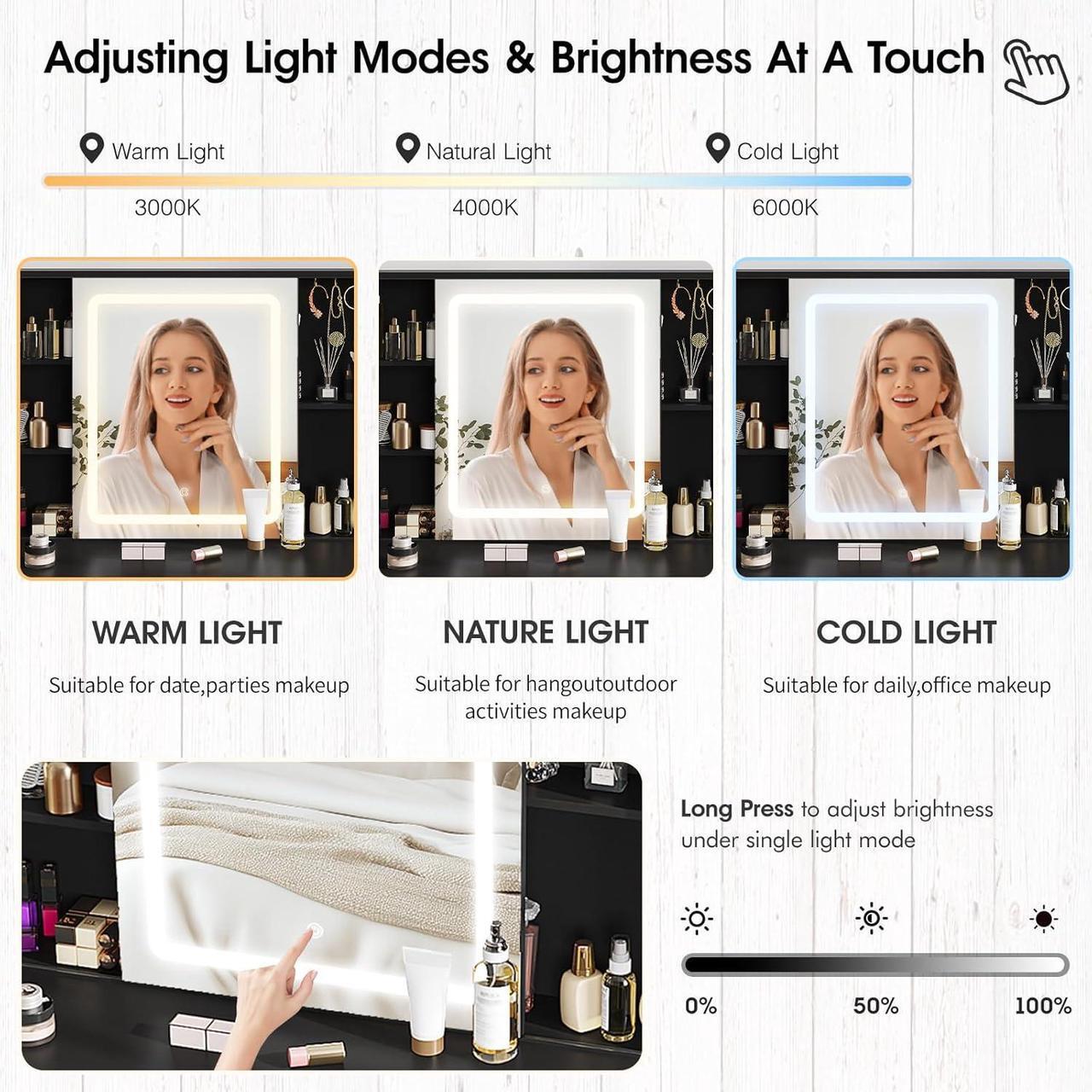 Alt view image 3 of 7 - Makeup Vanity with LED Lighted Sliding Mirror, Black Vanity Desk with 5 Drawers, Charging Station & Hidden Storage Shelves, Adjustable Brightness, Dressing Table Stool Set for Bedroom