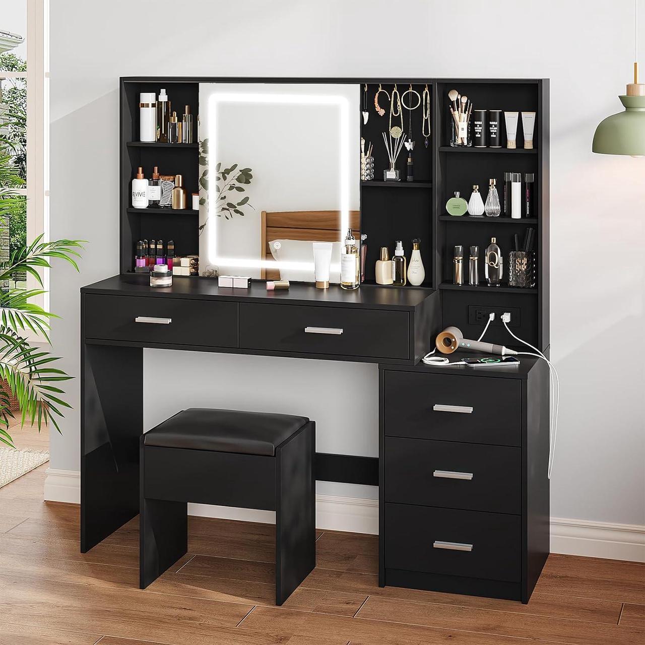 Alt view image 6 of 7 - Makeup Vanity with LED Lighted Sliding Mirror, Black Vanity Desk with 5 Drawers, Charging Station & Hidden Storage Shelves, Adjustable Brightness, Dressing Table Stool Set for Bedroom