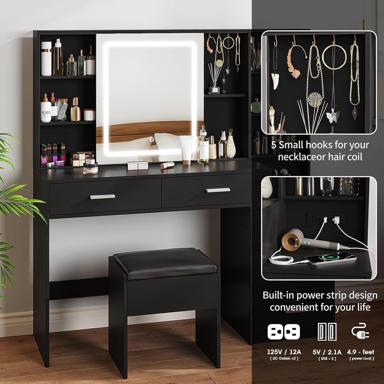 Alt view image 5 of 7 - Makeup Vanity with LED Lighted Sliding Mirror, Black Vanity Desk with 5 Drawers, Charging Station & Hidden Storage Shelves, Adjustable Brightness, Dressing Table Stool Set for Bedroom