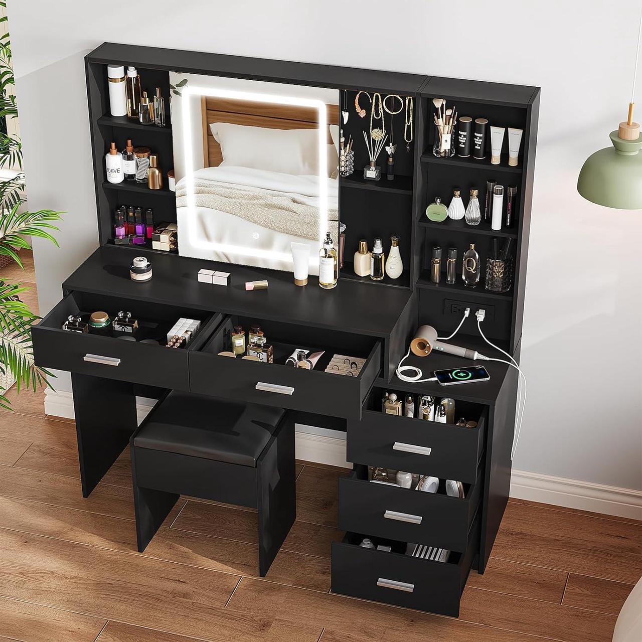 Alt view image 2 of 7 - Makeup Vanity with LED Lighted Sliding Mirror, Black Vanity Desk with 5 Drawers, Charging Station & Hidden Storage Shelves, Adjustable Brightness, Dressing Table Stool Set for Bedroom