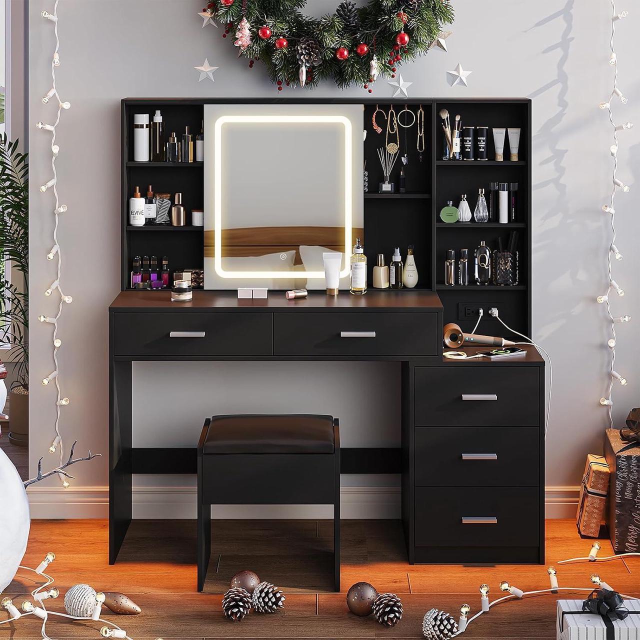 Main image of Makeup Vanity with LED Lighted Sliding Mirror, Black Vanity Desk with 5 Drawers, Charging Station & Hidden Storage Shelves, Adjustable Brightness, Dressing Table Stool Set for Bedroom