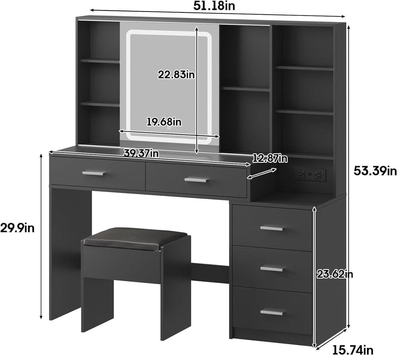 Alt view image 7 of 7 - Makeup Vanity with LED Lighted Sliding Mirror, Black Vanity Desk with 5 Drawers, Charging Station & Hidden Storage Shelves, Adjustable Brightness, Dressing Table Stool Set for Bedroom