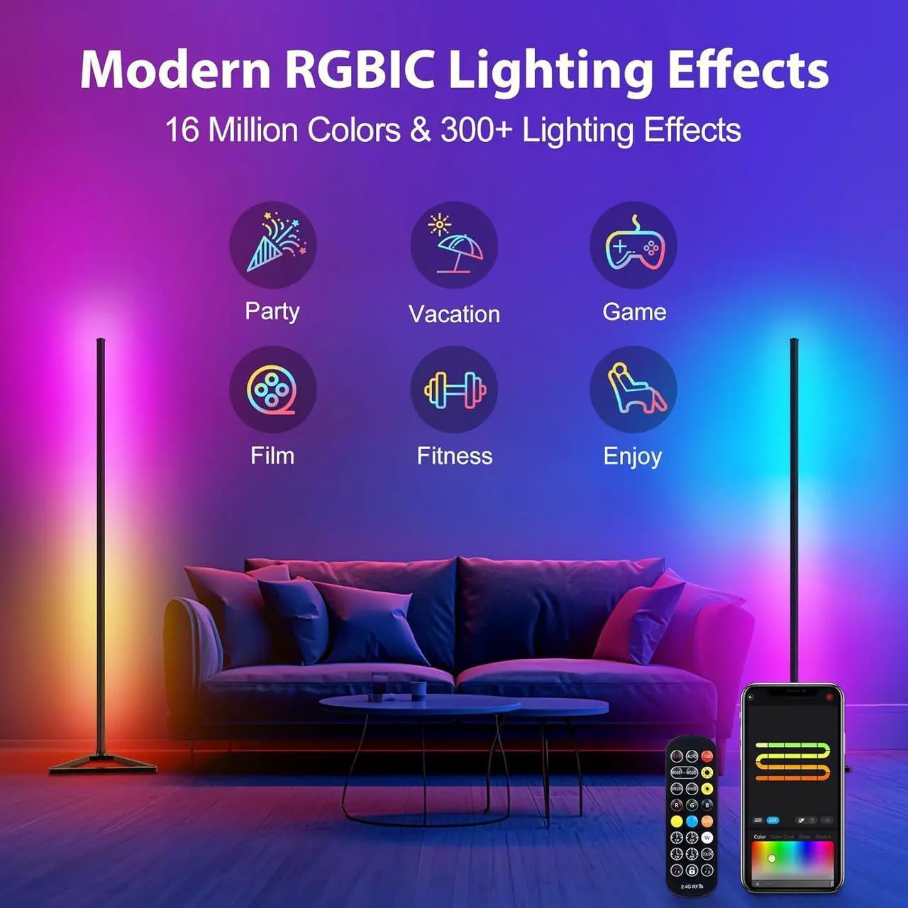 Alt view image 2 of 7 - RGBIC Floor Lamp,16 Million Colors LED Floor Lamps 141 cm Lamps for Living Room with Music Sync,Standing Lamp with App and Remote Control,Gaming Ambient Lighting Corner Lamp Bedroom Decor
