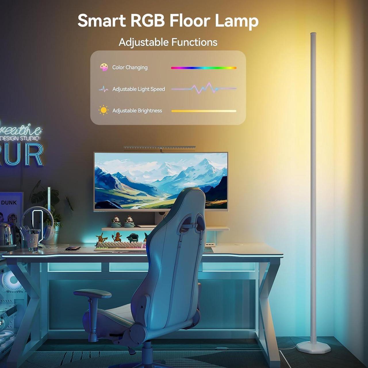Alt view image 2 of 7 - RGB LED Floor Lamp, 57" Corner Lamp with 80+ Scene & Timer, Smart Modern Ambient Lighting with Music Sync & 16 Million Colors, Remote & App Floor Lamps for Living Room, Bedroom, Gaming Room