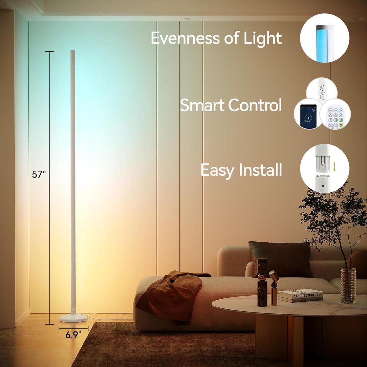 Alt view image 7 of 7 - RGB LED Floor Lamp, 57" Corner Lamp with 80+ Scene & Timer, Smart Modern Ambient Lighting with Music Sync & 16 Million Colors, Remote & App Floor Lamps for Living Room, Bedroom, Gaming Room