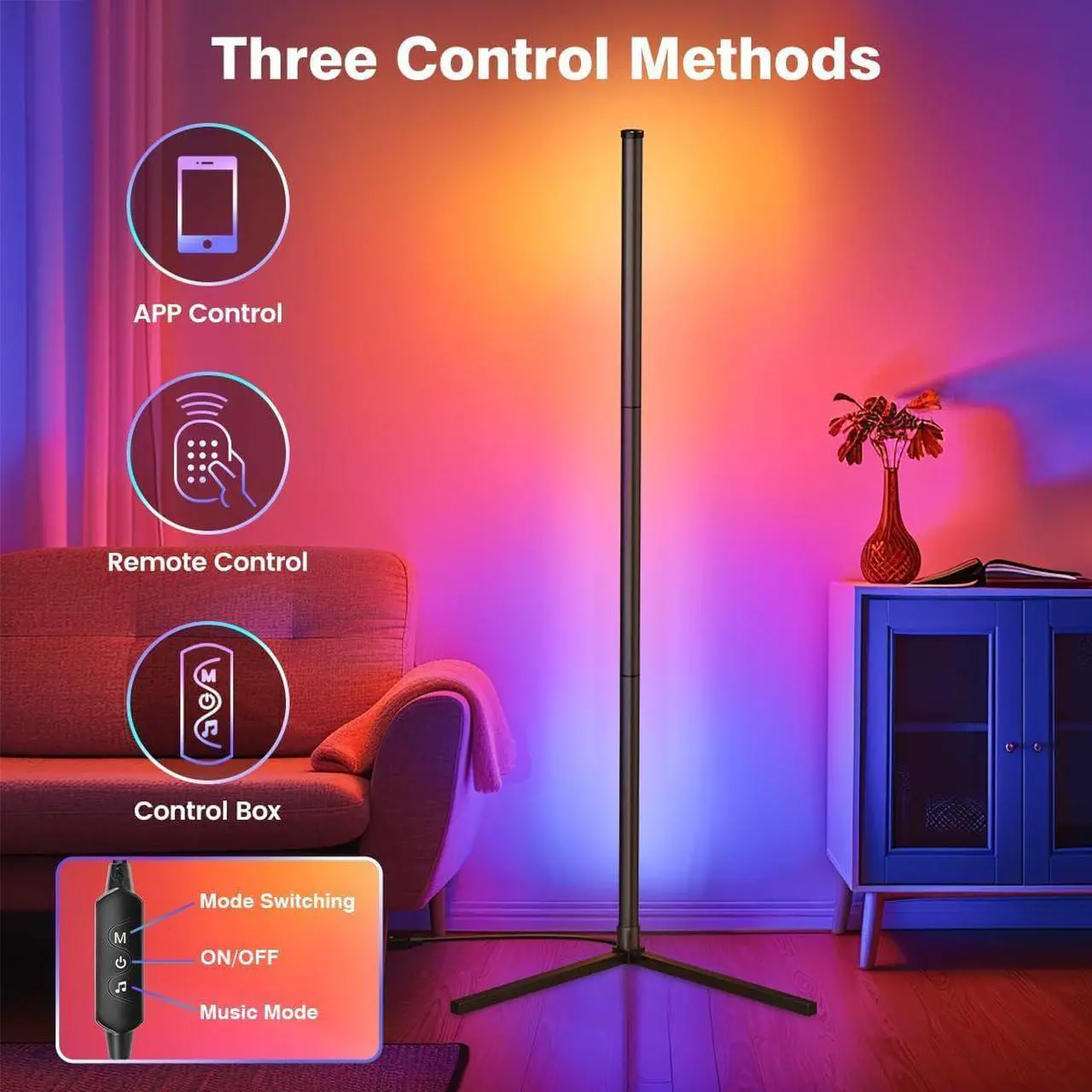 Alt view image 2 of 6 - LED Corner Lamp, RGB Corner Floor Lamp with APP and Remote Control, 16 Million Colors & 68+ Scene Color Changing Ambience Light with Music Sync for Living Room, Bedroom, Gaming Room