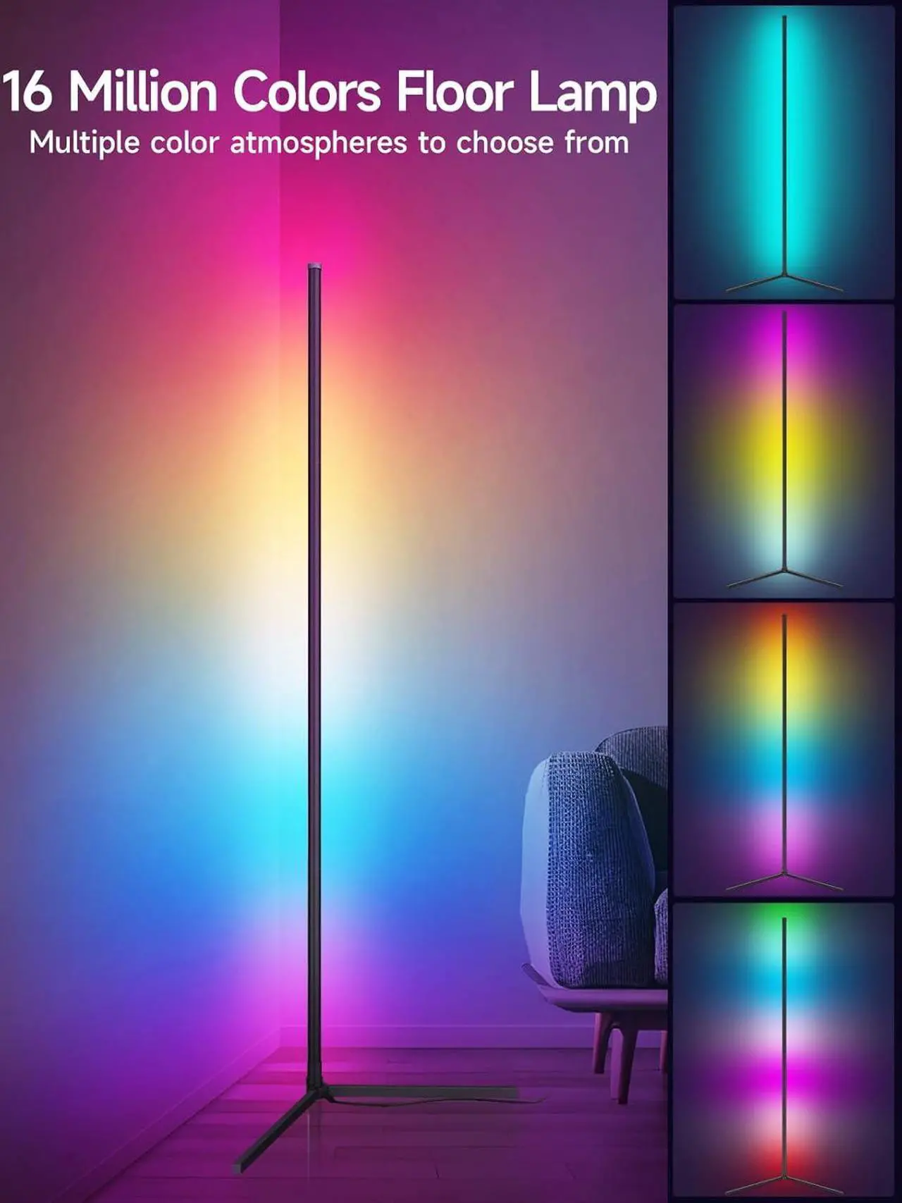 Alt view image 2 of 7 - Corner Floor Lamp, RGB LED Corner Lamp with Music Sync, Smart App and Remote Control Color Changing Ambience Light, LED Lamp with 16 Million Colors for Bedroom, Living Room Gaming Room