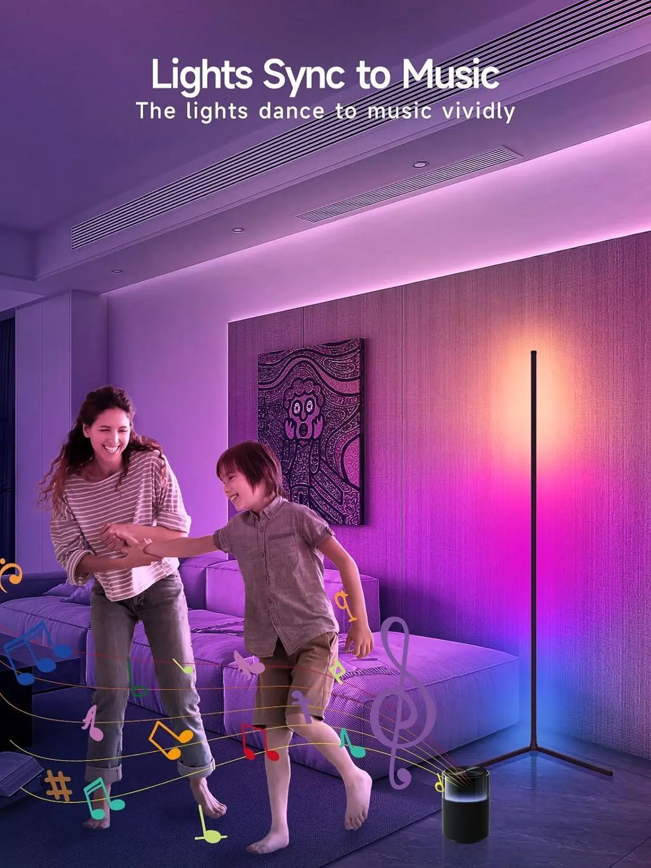 Alt view image 4 of 7 - Corner Floor Lamp, RGB LED Corner Lamp with Music Sync, Smart App and Remote Control Color Changing Ambience Light, LED Lamp with 16 Million Colors for Bedroom, Living Room Gaming Room