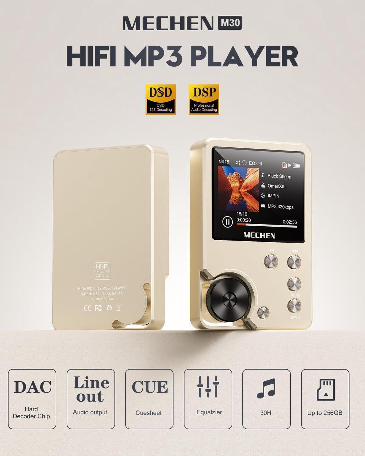 Alt view image 2 of 7 - M30 HiFi MP3 Player, Lossless DSD High Resolution Digital Audio Music Player, High-Res Portable Audio Player with 64GB Memory Card (Gold)