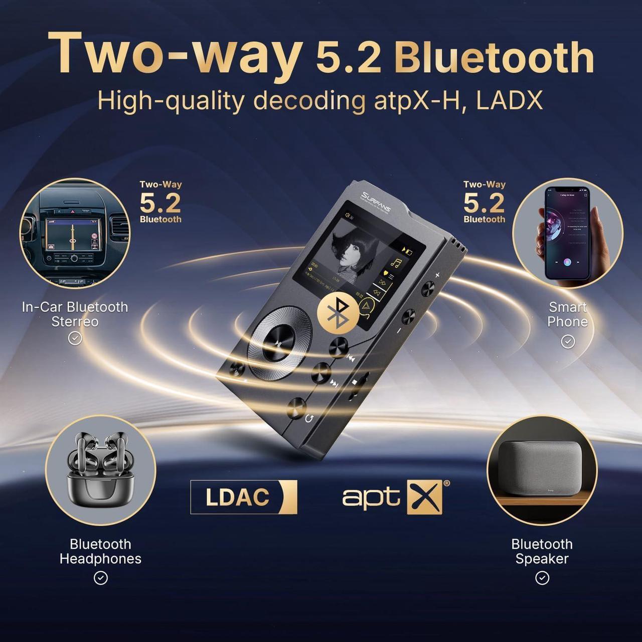 Alt view image 4 of 6 - F20 HiFi MP3 Player with Bluetooth5.2, Lossless DSD High Resolution Digital Audio Music Player, High-Res Portable Audio Player with 64GB Memory Card, Support up to 256GB