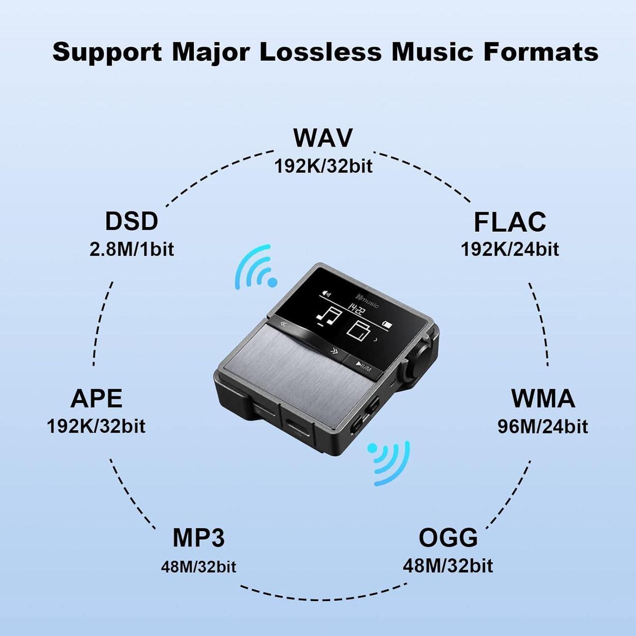 Alt view image 6 of 7 - P68 HiFi MP3 Player with Clip, Lossless DSD High Resolution Music Player Bluetooth, Portable Hi-Res Audio Player with 16GB Memory Card, Support up to 128GB HiFi Music Player for Sport, Running