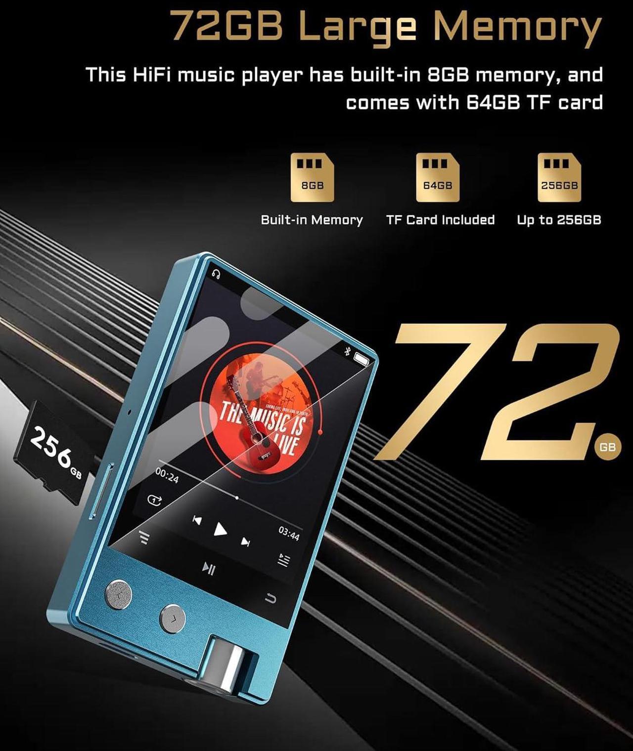 Alt view image 3 of 7 - MP3 Player with Bluetooth,HiFi Lossless DSD/FLAC Digital Audio Music Player Portable,Flac DSD256/128/64 Supported,Portable 2.4" IPS Screen,64GB Micro SD Card Included,Support Up to 256GB Z12Pro