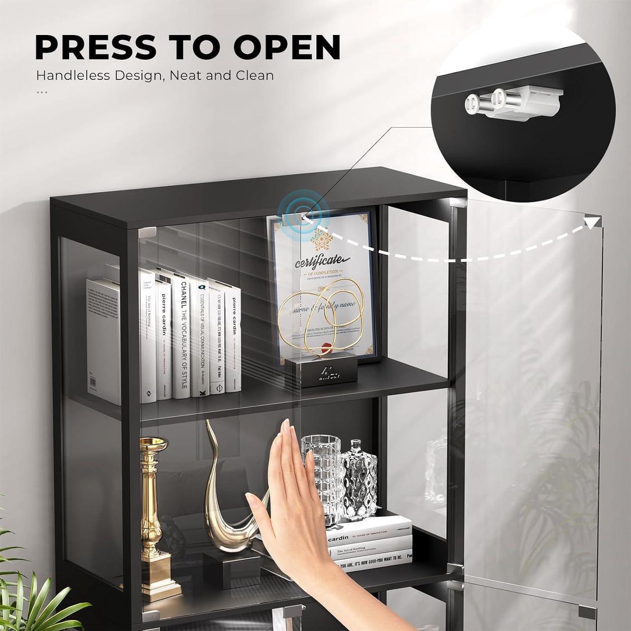 Alt view image 3 of 7 - Display Cabinet with Glass Doors, 4-Tier Curio Cabinet with 3 Color Lights for Collectibles, Glass Display Case with Human Body Sensor, Storage Cabinet, Black