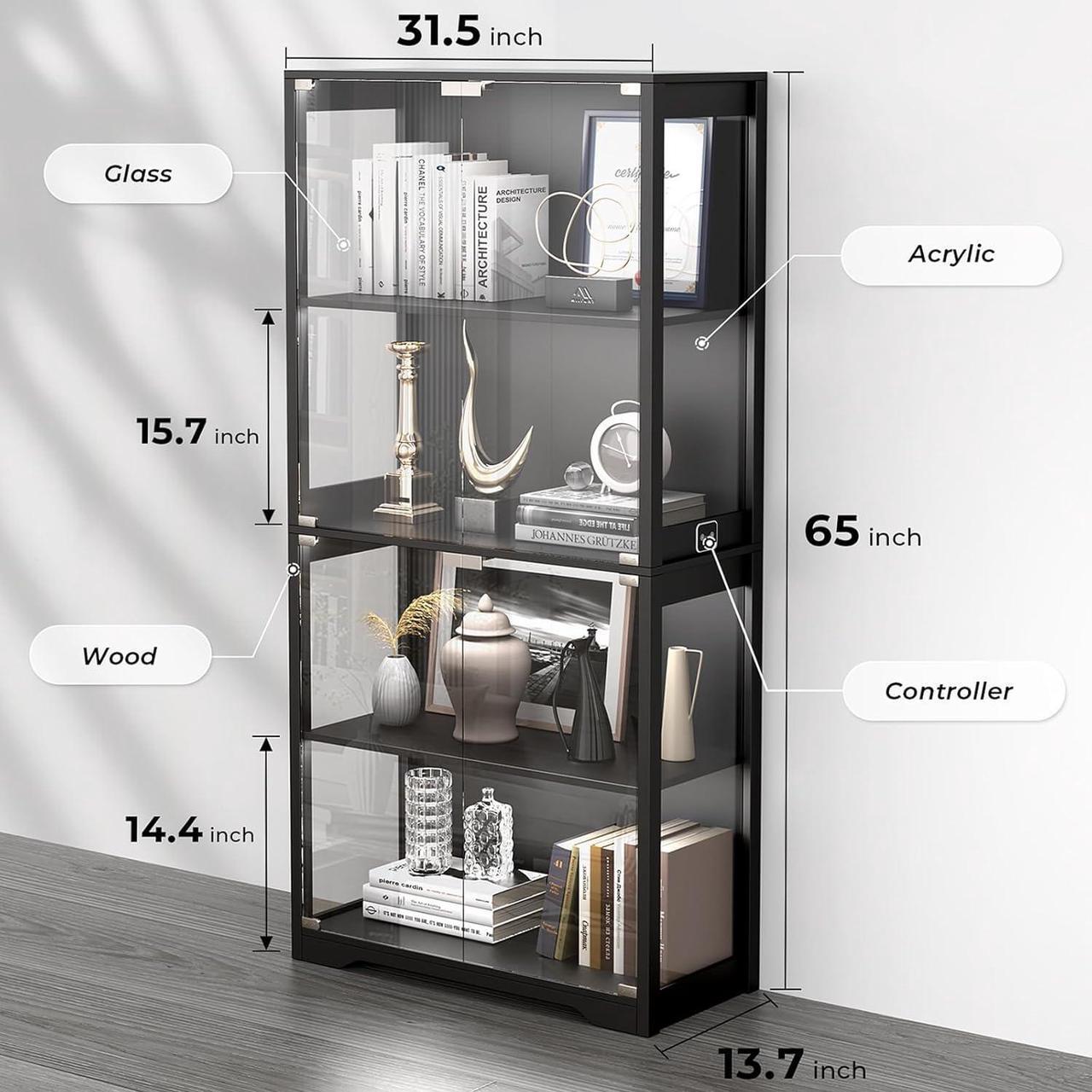 Alt view image 2 of 7 - Display Cabinet with Glass Doors, 4-Tier Curio Cabinet with 3 Color Lights for Collectibles, Glass Display Case with Human Body Sensor, Storage Cabinet, Black