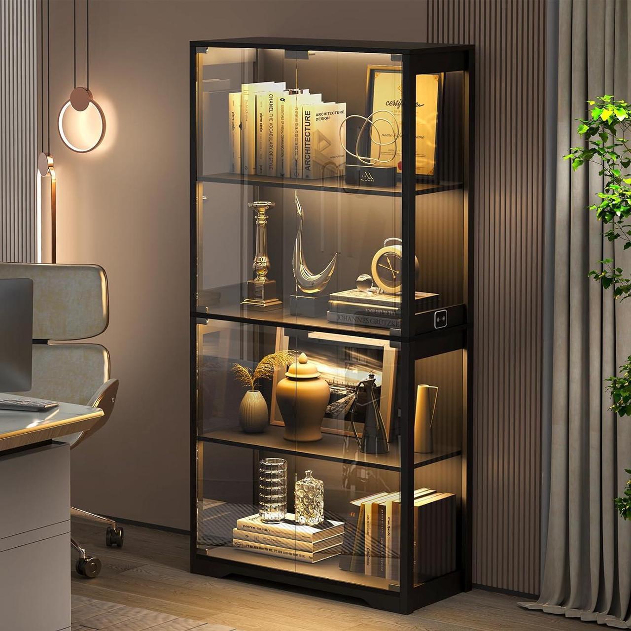 Main image of Display Cabinet with Glass Doors, 4-Tier Curio Cabinet with 3 Color Lights for Collectibles, Glass Display Case with Human Body Sensor, Storage Cabinet, Black