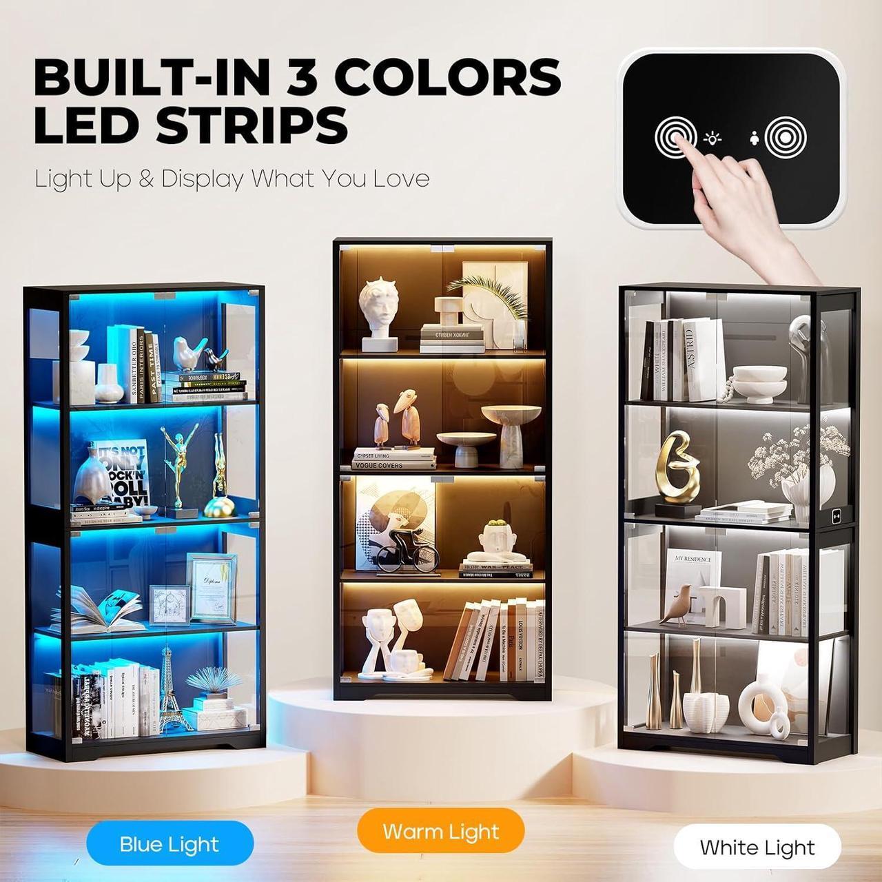 Alt view image 4 of 7 - Display Cabinet with Glass Doors, 4-Tier Curio Cabinet with 3 Color Lights for Collectibles, Glass Display Case with Human Body Sensor, Storage Cabinet, Black
