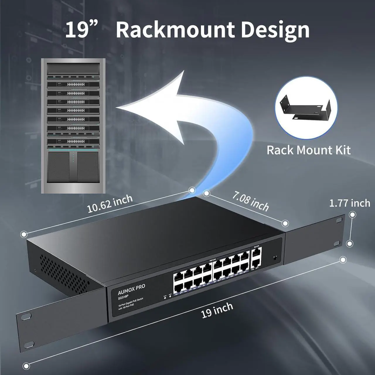 Alt view image 7 of 7 - 16 Port Gigabit PoE Switch,SG518P 18 Ethernet Unmanaged PoE with 2 Gigabit Uplink 250W,Plug and Play,Sturdy Metal Desktop, Wall Mount or Rackmount Network Switch, 802.3af/at Compliant