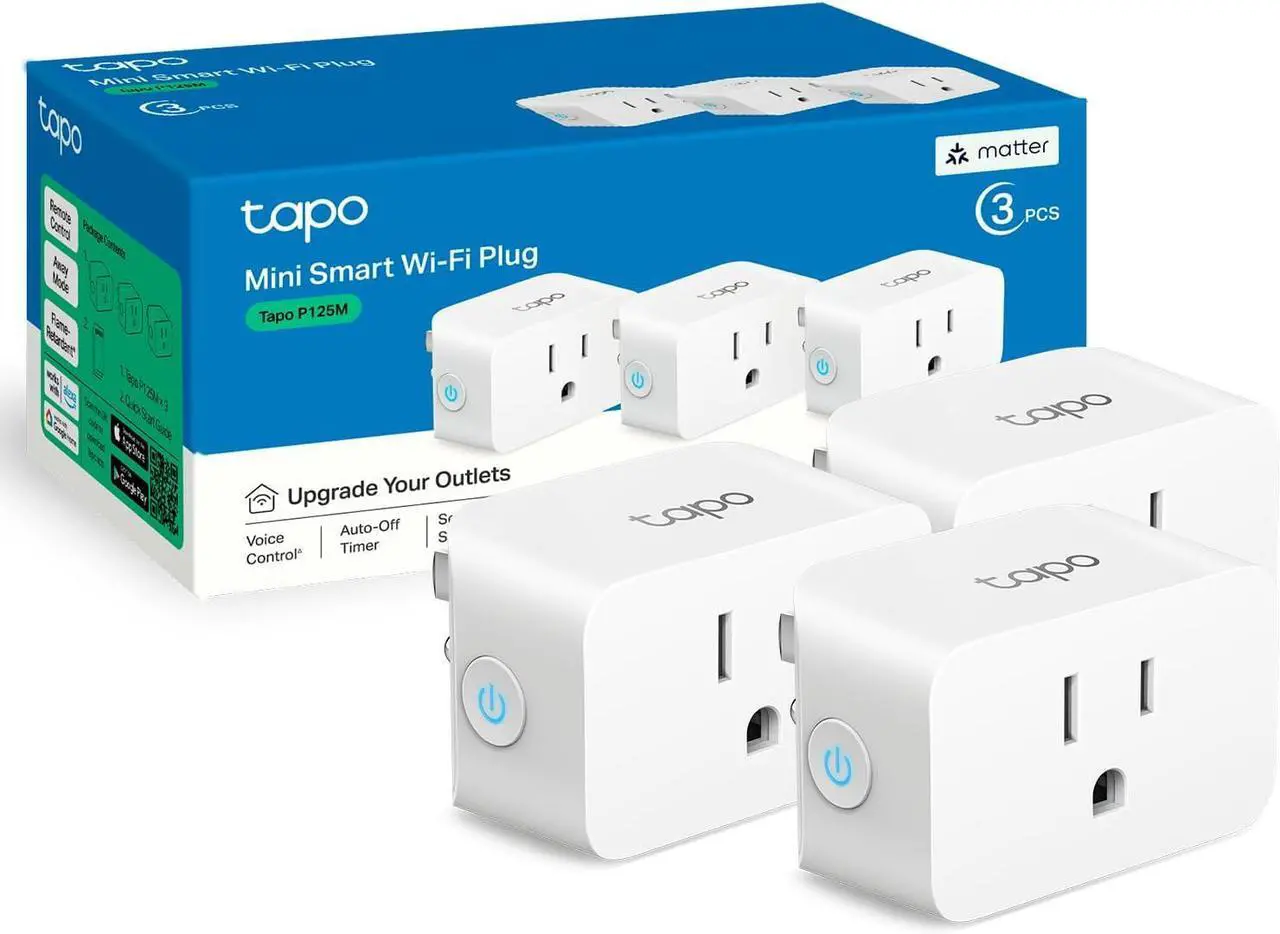 Main image of TP-Link Tapo Matter Supported Smart Plug Mini, Compact Design, 15A/1800W Max, Super Easy Setup, Works with Apple Home, Alexa & Google Home, UL Certified, 2.4G Wi-Fi Only, White, Tapo P125M(3-Pack)