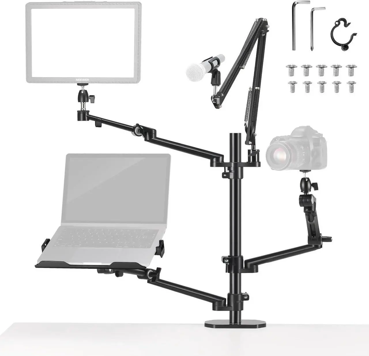 Main image of Overhead Camera Stand Desk Mount Rig with 4 Boom Arms for Photography Video Light Ring Light Phone Mount Webcam Mic Compact DSLR for Live Streaming Broadcast Online Teaching Meeting