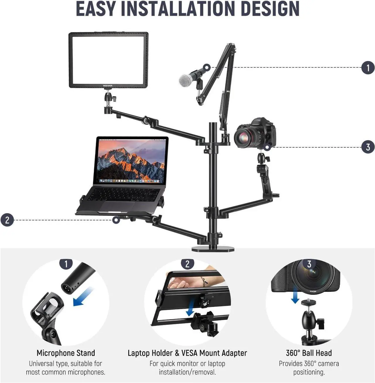 Alt view image 2 of 7 - Overhead Camera Stand Desk Mount Rig with 4 Boom Arms for Photography Video Light Ring Light Phone Mount Webcam Mic Compact DSLR for Live Streaming Broadcast Online Teaching Meeting