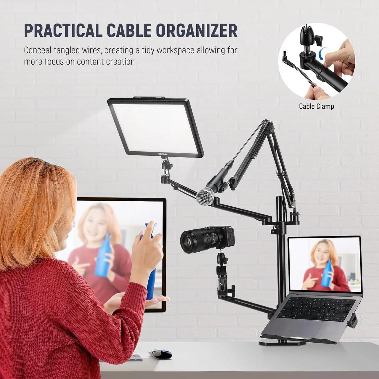 Alt view image 5 of 7 - Overhead Camera Stand Desk Mount Rig with 4 Boom Arms for Photography Video Light Ring Light Phone Mount Webcam Mic Compact DSLR for Live Streaming Broadcast Online Teaching Meeting