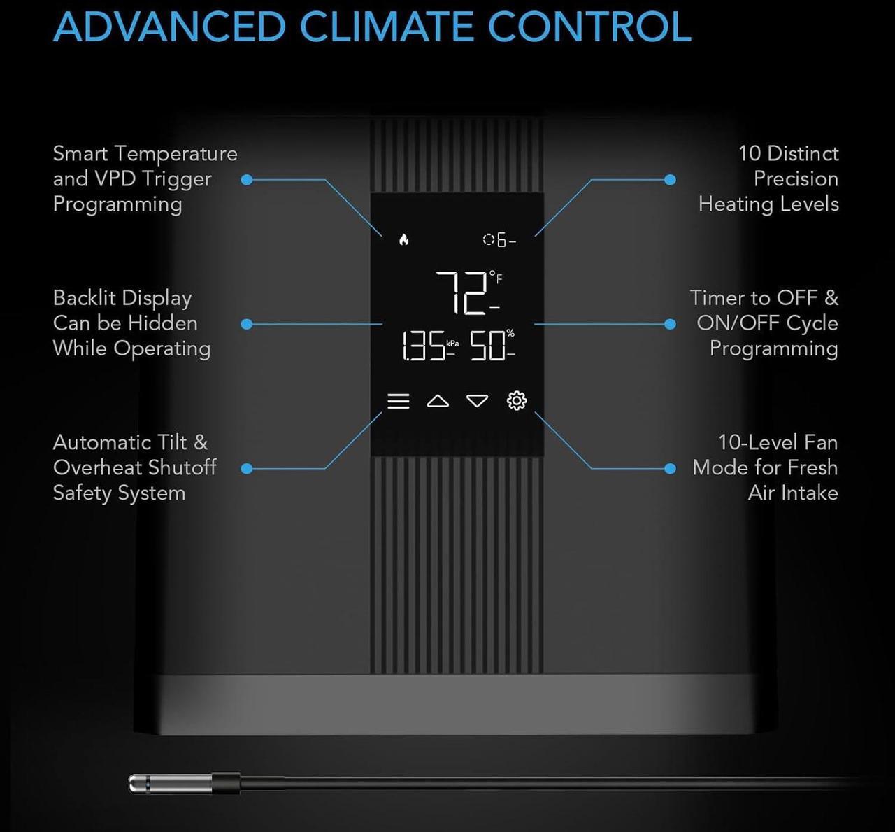 Alt view image 4 of 7 - AC Infinity THERMOFORGE T3, Environmental Grow Tent Heater with VPD Temperature Controller, 10-Level PTC Heating and Included Extension Hose for Tents, Rooms, Greenhouses