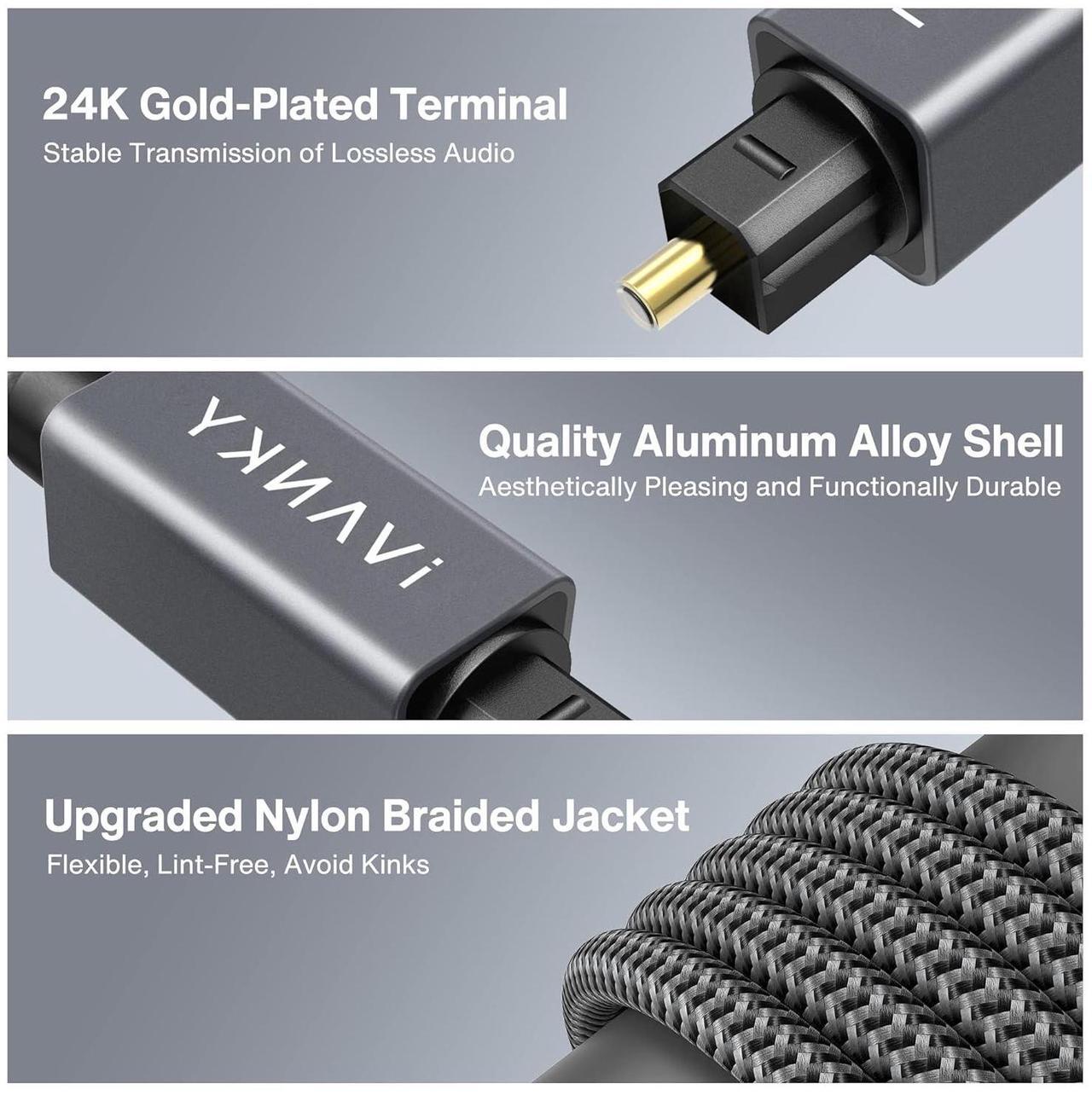 Alt view image 3 of 7 - Optical Audio Cable 6ft/1.8M Long Digital Audio Optical Cable for Soundbar, S/PDIF Toslink Fiber Optic Cord [Braided, Gold-Plated Connectors, CL3 Rated] for TV, Home Cinema, Xbox/PS4, Sonos