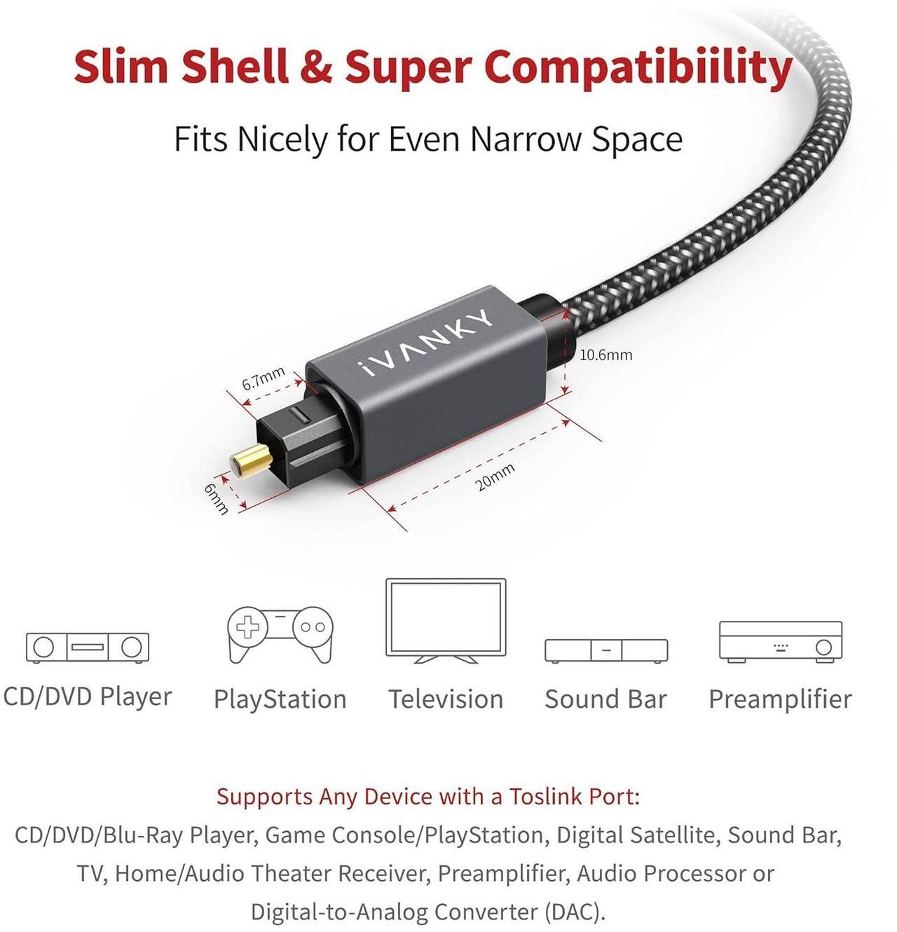 Alt view image 7 of 7 - Optical Audio Cable 6ft/1.8M Long Digital Audio Optical Cable for Soundbar, S/PDIF Toslink Fiber Optic Cord [Braided, Gold-Plated Connectors, CL3 Rated] for TV, Home Cinema, Xbox/PS4, Sonos