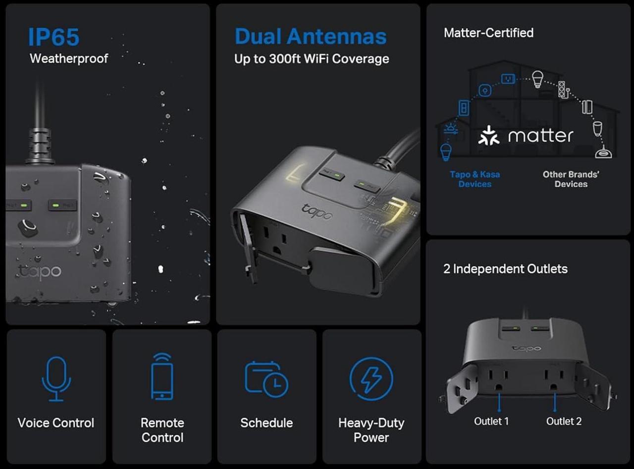 Alt view image 3 of 7 - TP-Link Tapo Matter Outdoor Smart Plug, 2 Individual outlets, IP65 Weather Resistance, Works with Apple Home, Alexa, Google Home, Long Wi-Fi Range, 2.4G Wi-Fi Only, ETL Certified