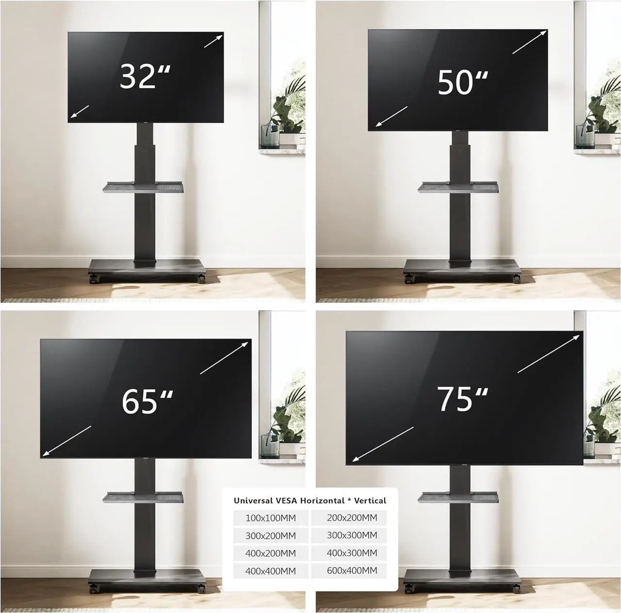 Alt view image 5 of 7 - Rolling TV Stand for 32-75 Inch TVs - Mobile TV Cart with Wheels, Swivel and Vertical and Horizontal Rotation, Portable TV Stand on Wheels up to 88lbs
