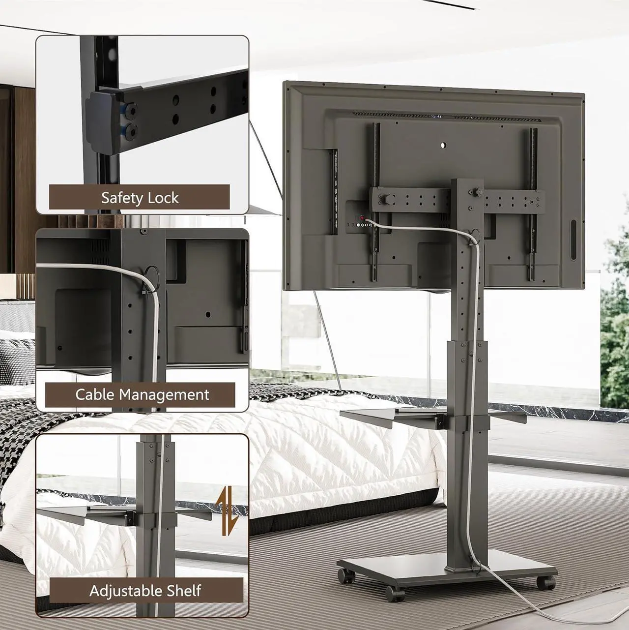 Alt view image 6 of 7 - Rolling TV Stand for 32-75 Inch TVs - Mobile TV Cart with Wheels, Swivel and Vertical and Horizontal Rotation, Portable TV Stand on Wheels up to 88lbs