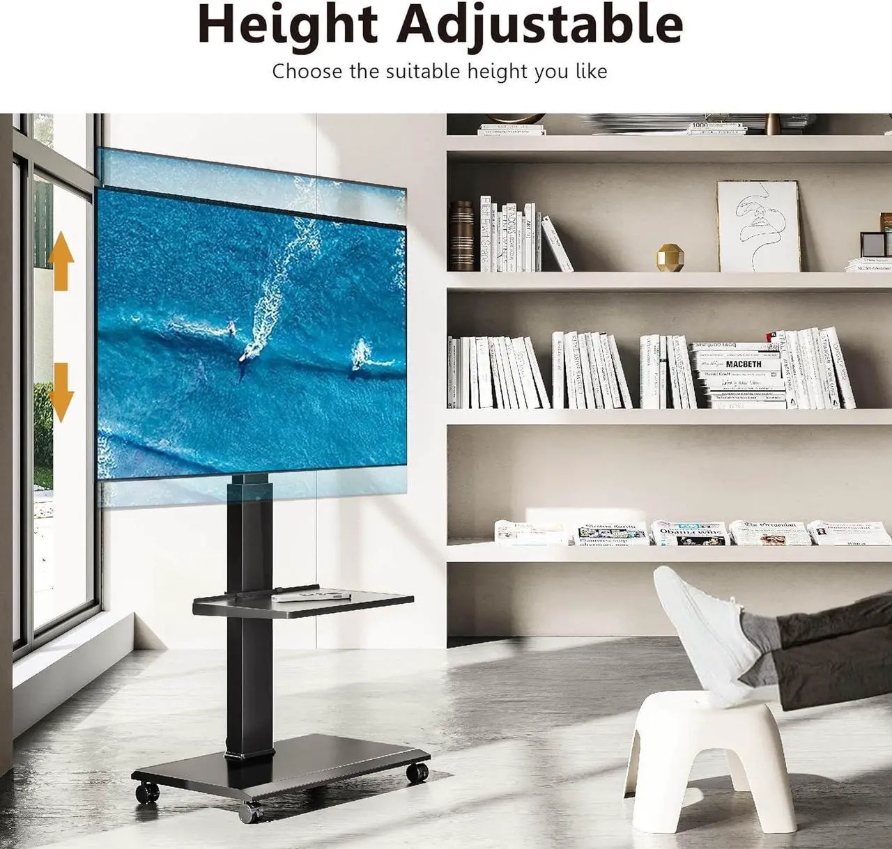 Alt view image 4 of 7 - Rolling TV Stand for 32-75 Inch TVs - Mobile TV Cart with Wheels, Swivel and Vertical and Horizontal Rotation, Portable TV Stand on Wheels up to 88lbs